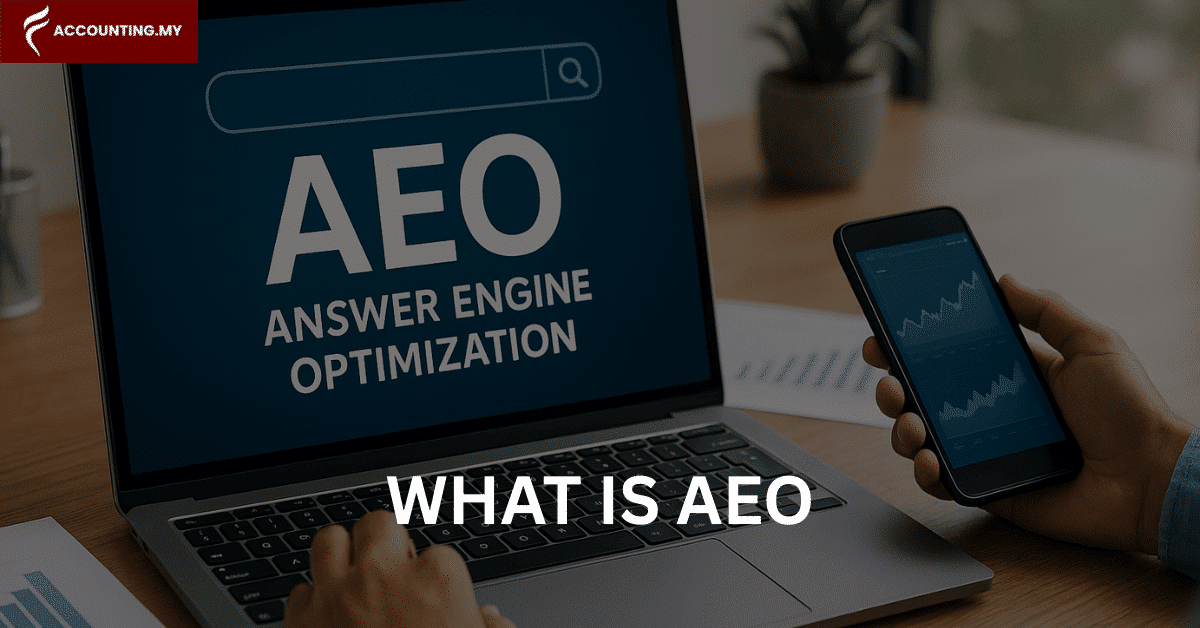 malaysian business owner searching what is aeo on laptop